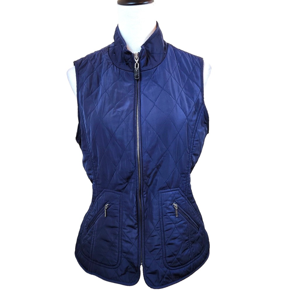 Talbots Womens Long Quilted Vest Medium Petite Navy Blue Full Zip Front Pockets